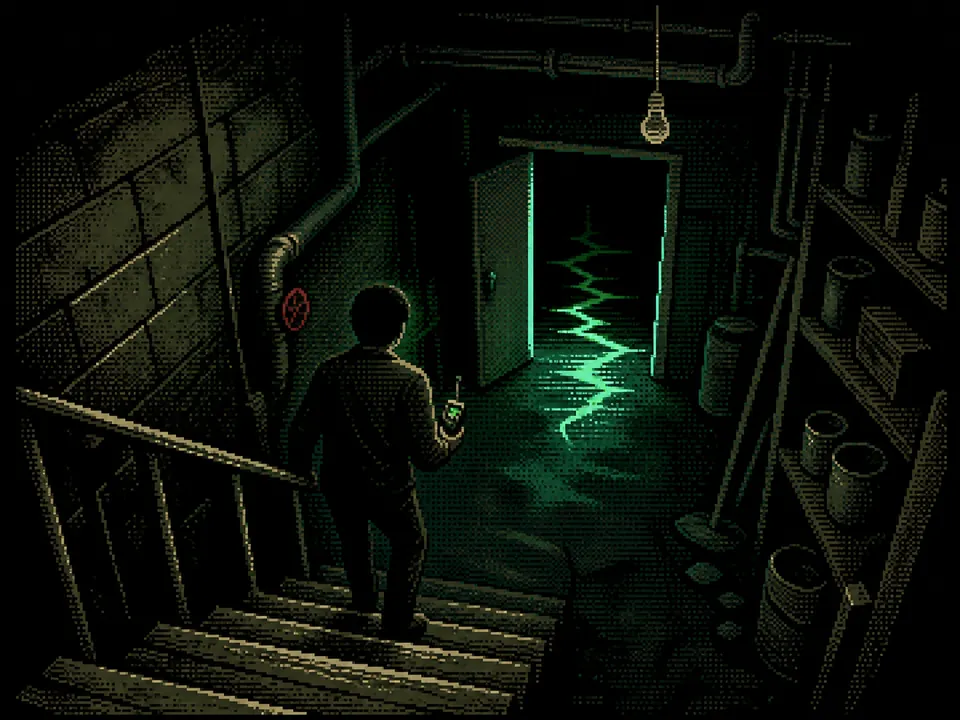 A lone figure investigates an ominous basement rendered as an EGA game scene.